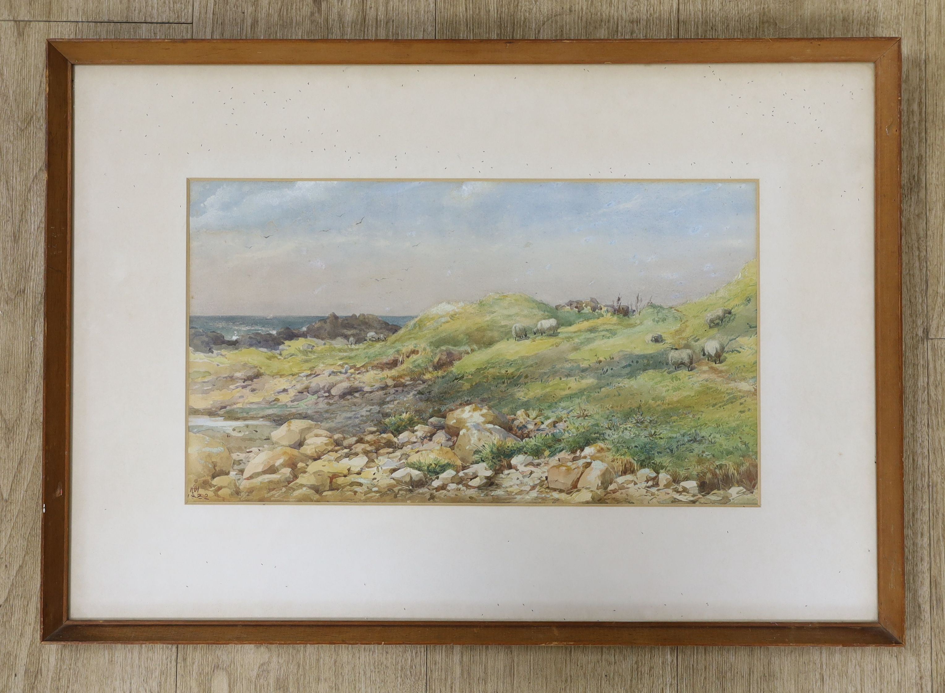 Helen O'Hara (1846-1920), watercolour, Sheep in a coastal landscape, monogrammed and dated 1882, 23 x 41cm